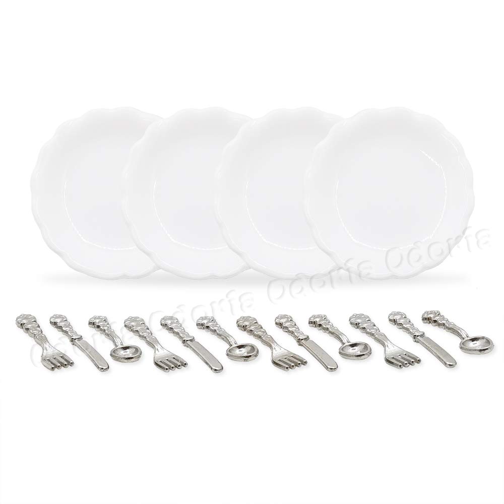 1/12 Scale Miniature Plates & Silverware Set - Knife Fork Spoon Dollhouse Accessories for 1:12 Scale Models (Silver) | Perfect for Dollhouse Dining Room, Miniature Displays & Model Train Scenes