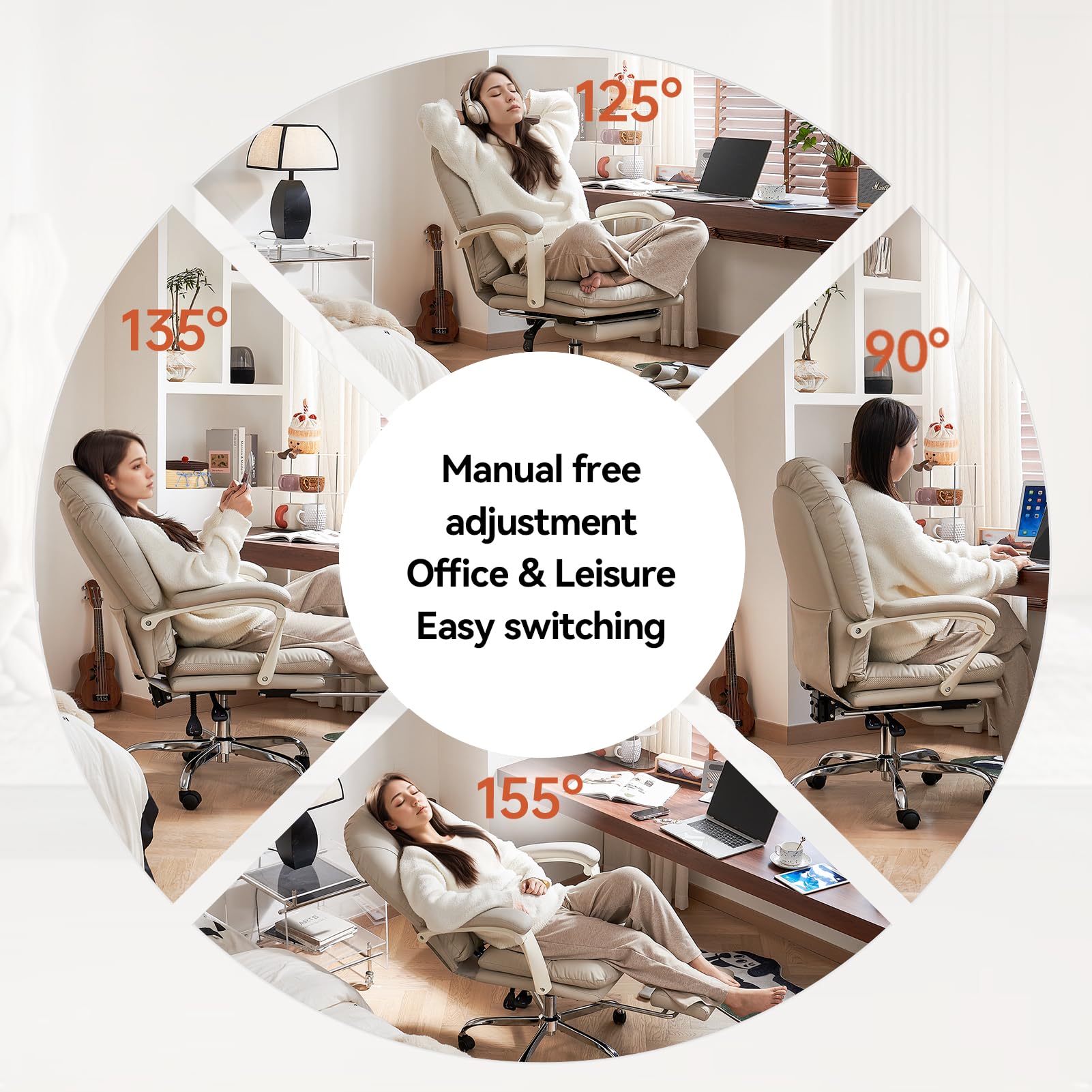 EMIAH Ergonomic Office Chair with Adjustable Footrest, Reclining Back & Lumbar Support - PU Leather Swivel Computer Chair with Wheels for Home & Executive Office - Perfect for Long Work Hours & Gaming Sessions (Beige)