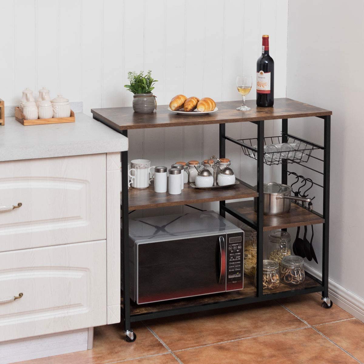 LDAILY Microwave Oven Stand with Lockable Wheels - Industrial Kitchen Baker's Rack, Utility Storage Shelf with Hooks & Basket - Sturdy Metal Frame, Easy Assembly (Brown) - Perfect for Small Kitchens, Apartments & Dorm Rooms