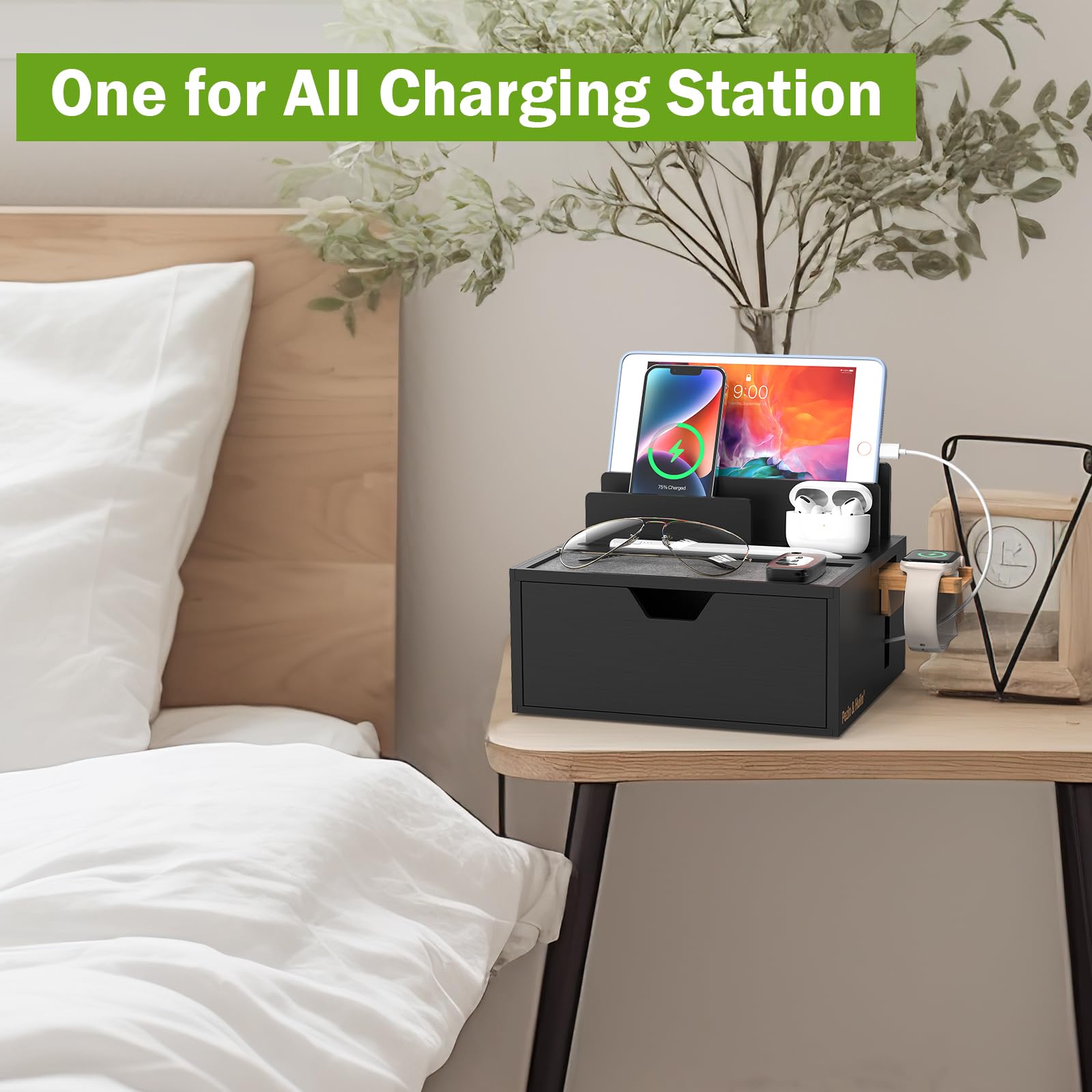 Pezin & Hulin 5-Port USB Bamboo Charging Station for iPhone, Android, Smartphones - Multi Device Organizer with Lined Tray & Drawer (Includes 5 Charging Cables) - Perfect for Home, Office, Nightstand, and Travel Accessories - Black
