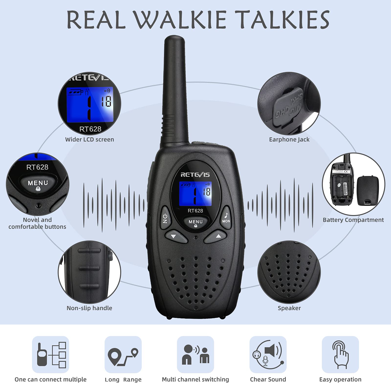 Retevis RT628 Kids Walkie Talkies - 2 Way Radios for Boys & Girls Ages 6-12, Long Range Communication Toys for Outdoor Play, Camping, Hiking & Birthday Gifts (Black, 1 Pair) - Perfect for Family Adventures, Backyard Fun & Emergency Preparedness