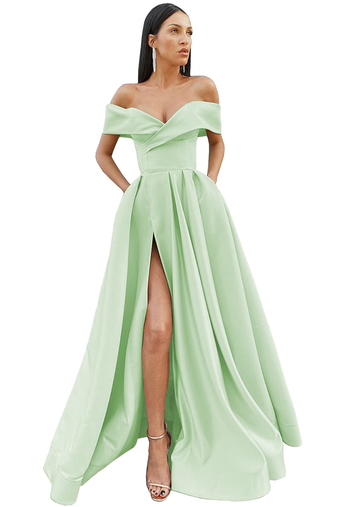 Elegant Off Shoulder Prom Dresses Long Ball Gown with High Slit & Pockets - Formal Wedding Gown for Evening Parties, Homecoming, Bridesmaid & Special Occasions