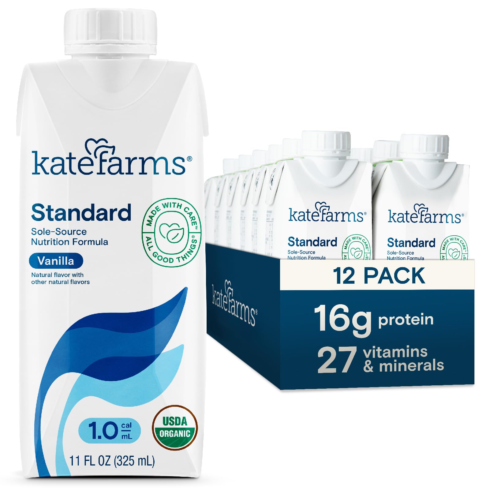 Organic KATE FARMS 1.0 Vanilla Nutrition Shake - 16g Protein, 27 Vitamins & Minerals - Meal Replacement & Protein Shake (11 oz, 12 Pack) | Perfect for Busy Professionals, Post-Workout Recovery & Weight Management