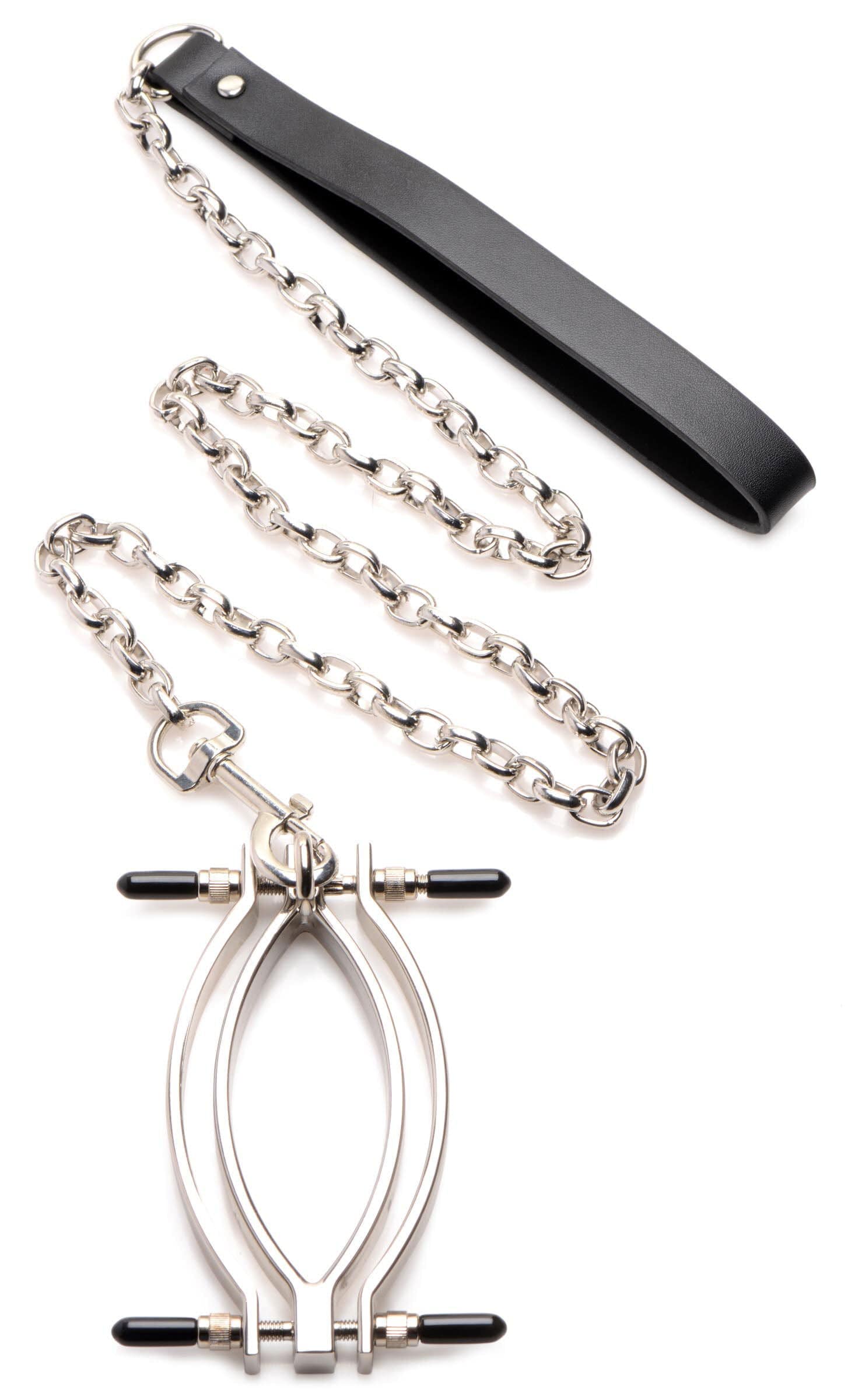 Adjustable Pussy Clamp with Leash - Silver BDSM Toy for Sensual Play & Bondage, Perfect for Couples & Adult Roleplay Scenes