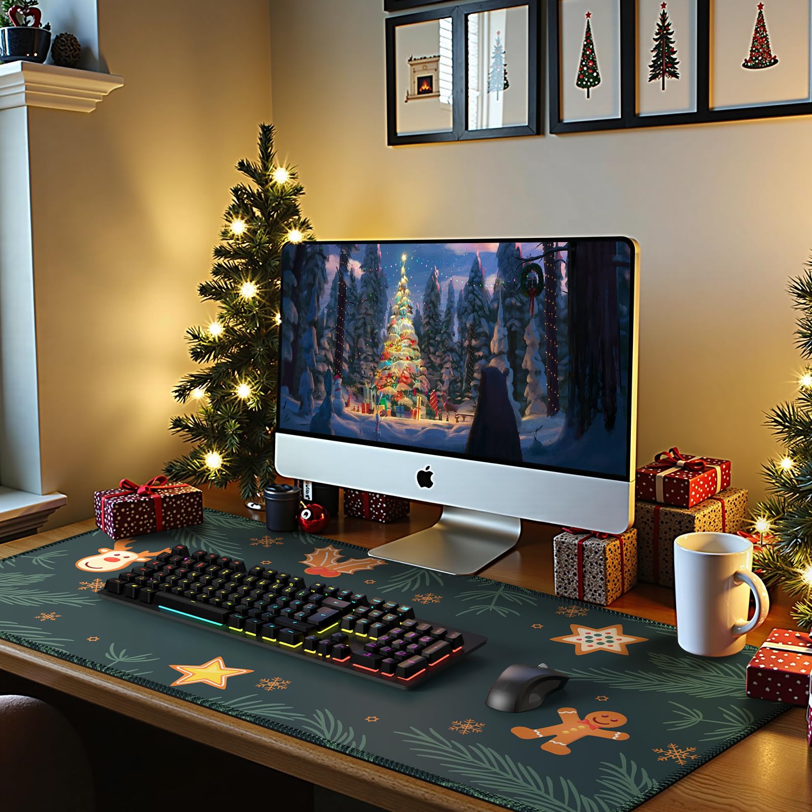 iCasso Large Green Christmas Mouse Pad & Desk Mat - Non-Slip Computer Keyboard Pad with Stitched Edges for Office, Gaming & Home Workspace - Perfect for PC, Laptop & Mac Users (Green)