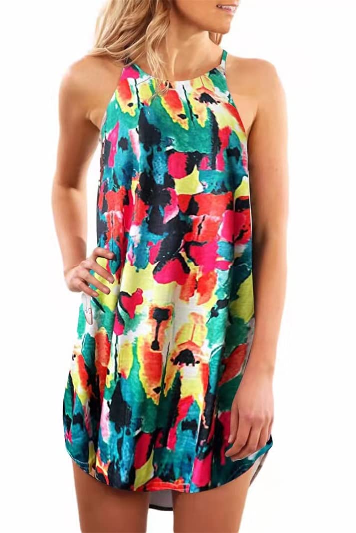Fronage Women's Floral Sleeveless Mini Dress - Summer Beach Halter Neck Casual Dress for Vacation, Pool Party & Outdoor Date Night