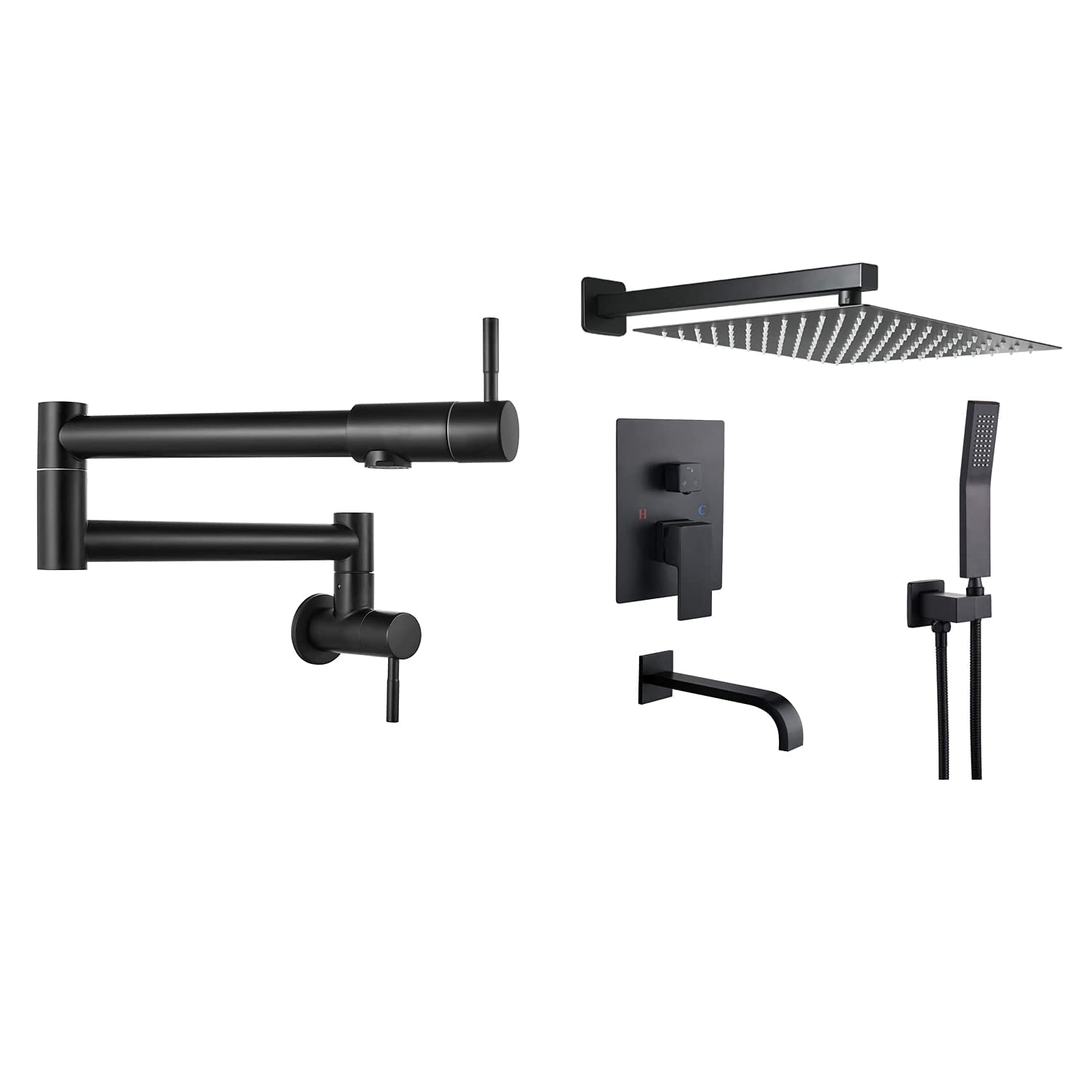 Matte Black Wall Mount Pot Filler Faucet - 10 Inch Commercial Kitchen & Restaurant Sink Faucet with Stretchable Sprayer - Perfect for Cooking, Dishwashing & Food Prep Areas