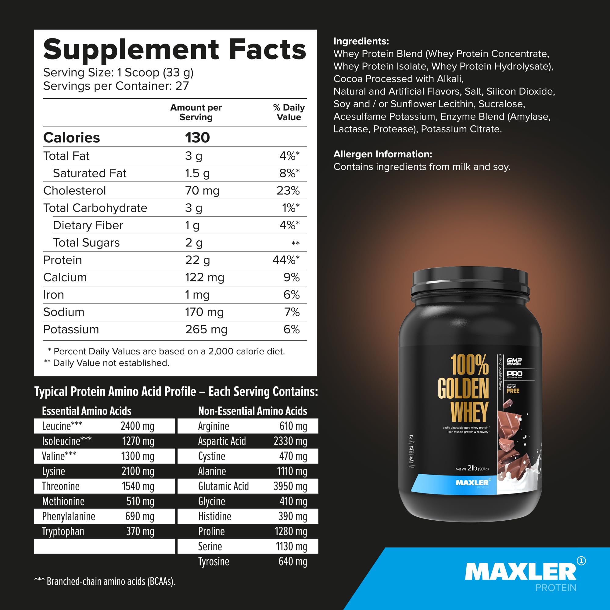 Maxler 100% Golden Whey Protein Powder - 22g Protein per Serving, Fast-Absorbing Whey Concentrate Isolate & Hydrolysate Blend - Premium Pre & Post Workout Supplement - Delicious Milk Chocolate Flavor (2 lb) - Ideal for Muscle Recovery, Weight Training & Fitness Enthusiasts
