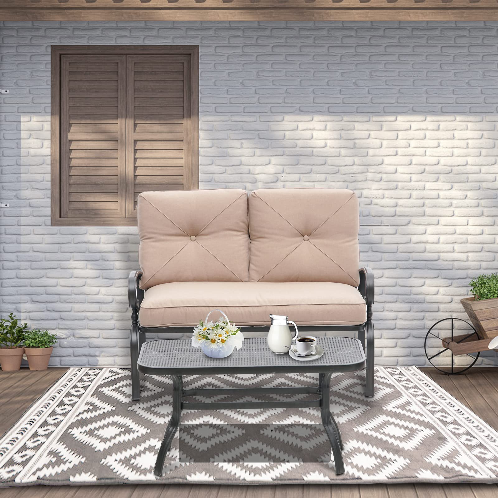 Incbruce 2-Piece Outdoor Patio Loveseat Set with Coffee Table & Cushion - Wrought Iron Metal Frame Garden Bench for Porch, Poolside, Backyard - Weather-Resistant Brown Patio Furniture (Perfect for Relaxing, Entertaining Guests & Outdoor Dining)