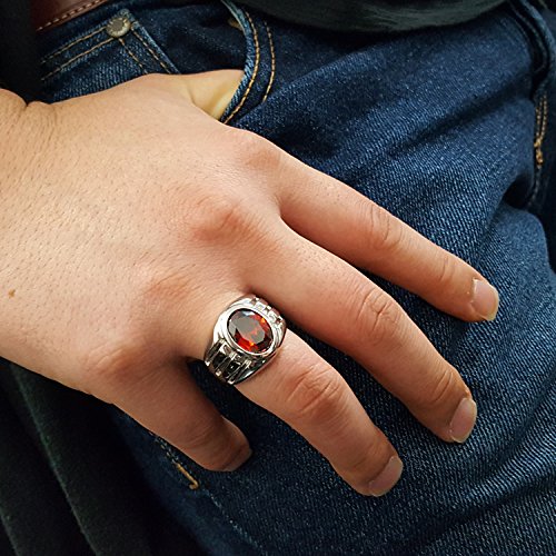 Sterling Silver Men's Oval Cut Simulated Garnet CZ Domed Ring 11MM (Size 8-15) - Perfect for Weddings, Anniversaries, and Special Occasions