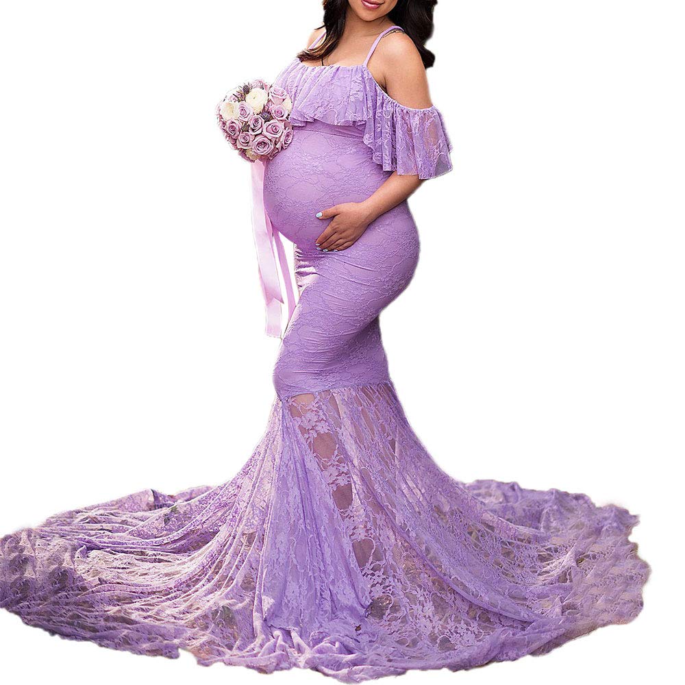 Lace Maternity Gown - Elegant Fitted Off Shoulder Ruffle Sleeve Mermaid Style Pregnancy Dress for Baby Shower, Maternity Photoshoot & Special Occasions
