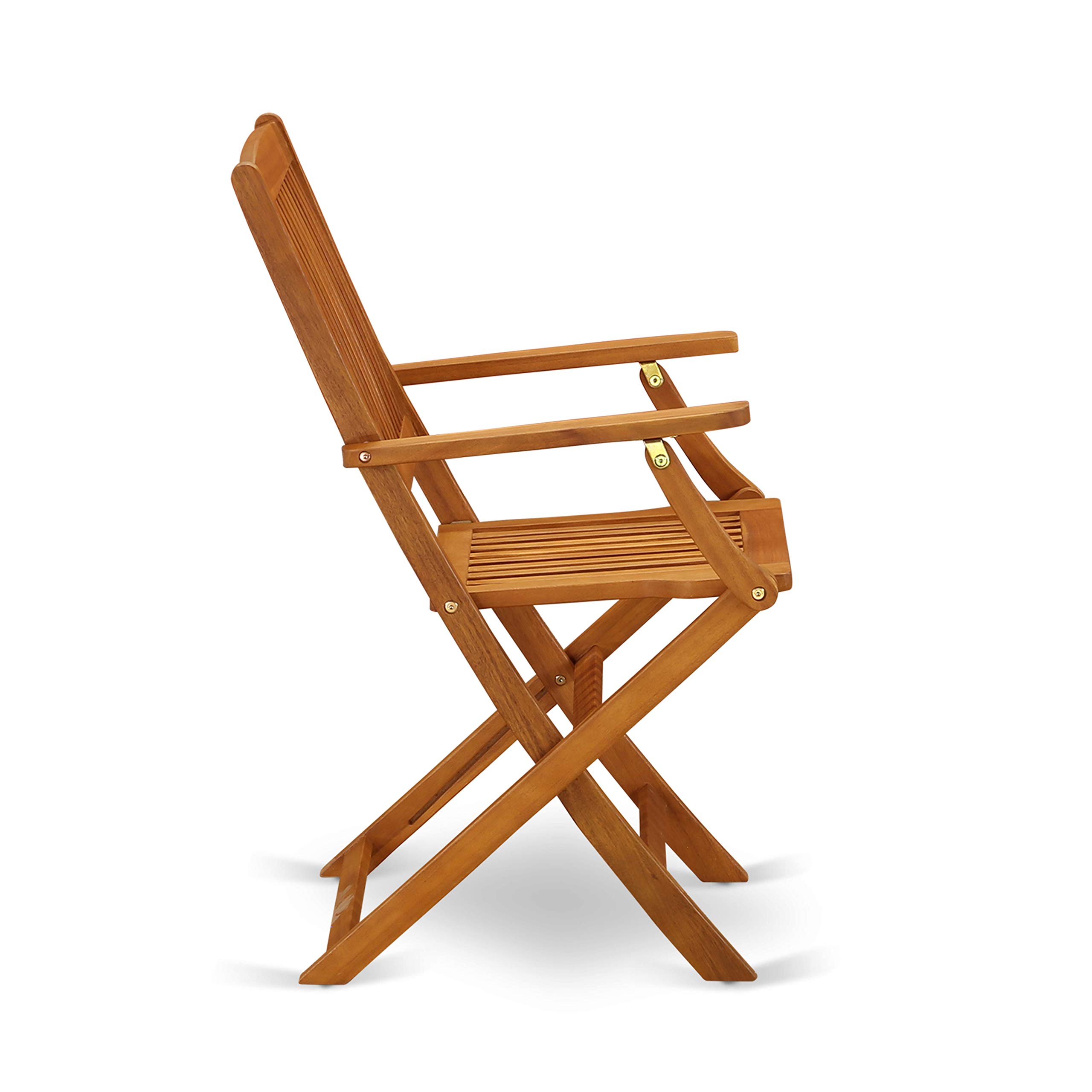 East West Furniture MNCM3CANA Marion 3-Piece Patio Bistro Set - Round Acacia Wood Coffee Table & 2 Folding Arm Chairs, 30x30 Inch, Natural Oil Finish - Perfect for Outdoor Dining, Garden, Balcony or Backyard Relaxation