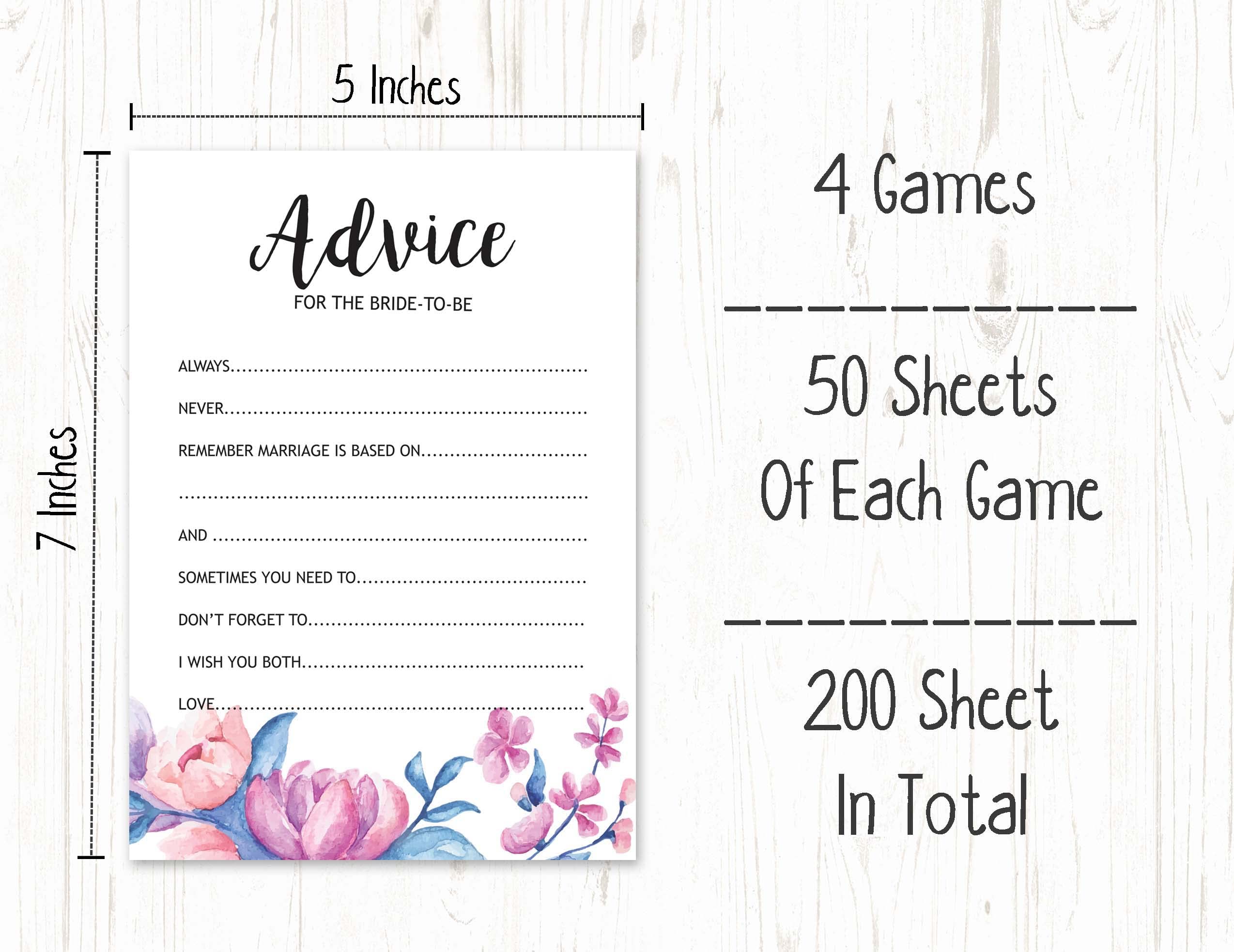 Floral Bridal Shower Games Set - 4 Fun Bachelorette Party Games (50 Sheets Each) for Wedding Celebrations & Girls' Night Out
