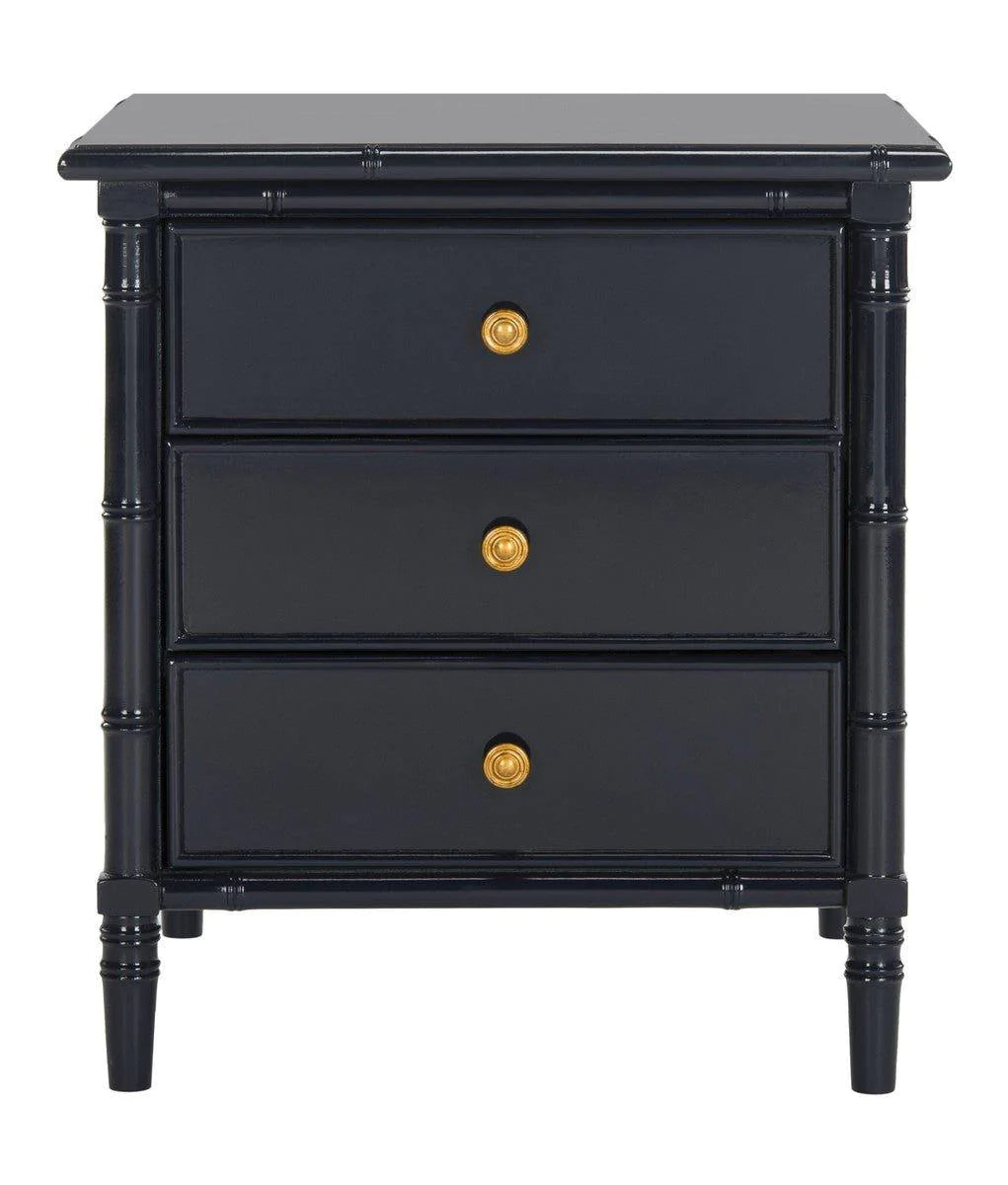 Coastal Three Drawer Bamboo Nightstand in Navy Blue - Bedside Table for Bedroom, Living Room & Guest Room Furniture