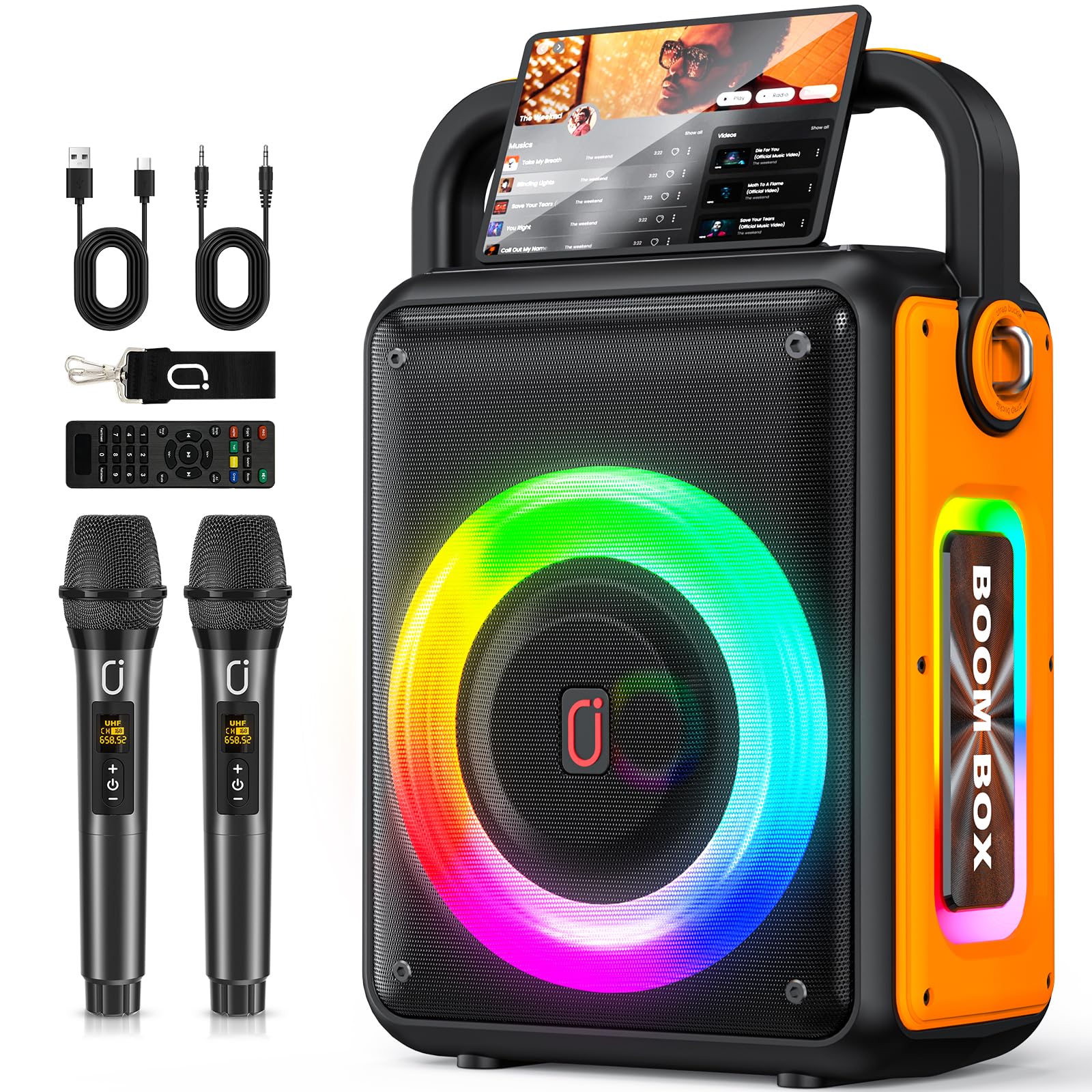 PPMIC Portable Bluetooth Karaoke Machine with 2 Wireless Mics - TWS, DJ Lights, Bass/Treble Control for Adults & Kids - Perfect for Parties, Outdoor Gatherings & Family Singing Fun