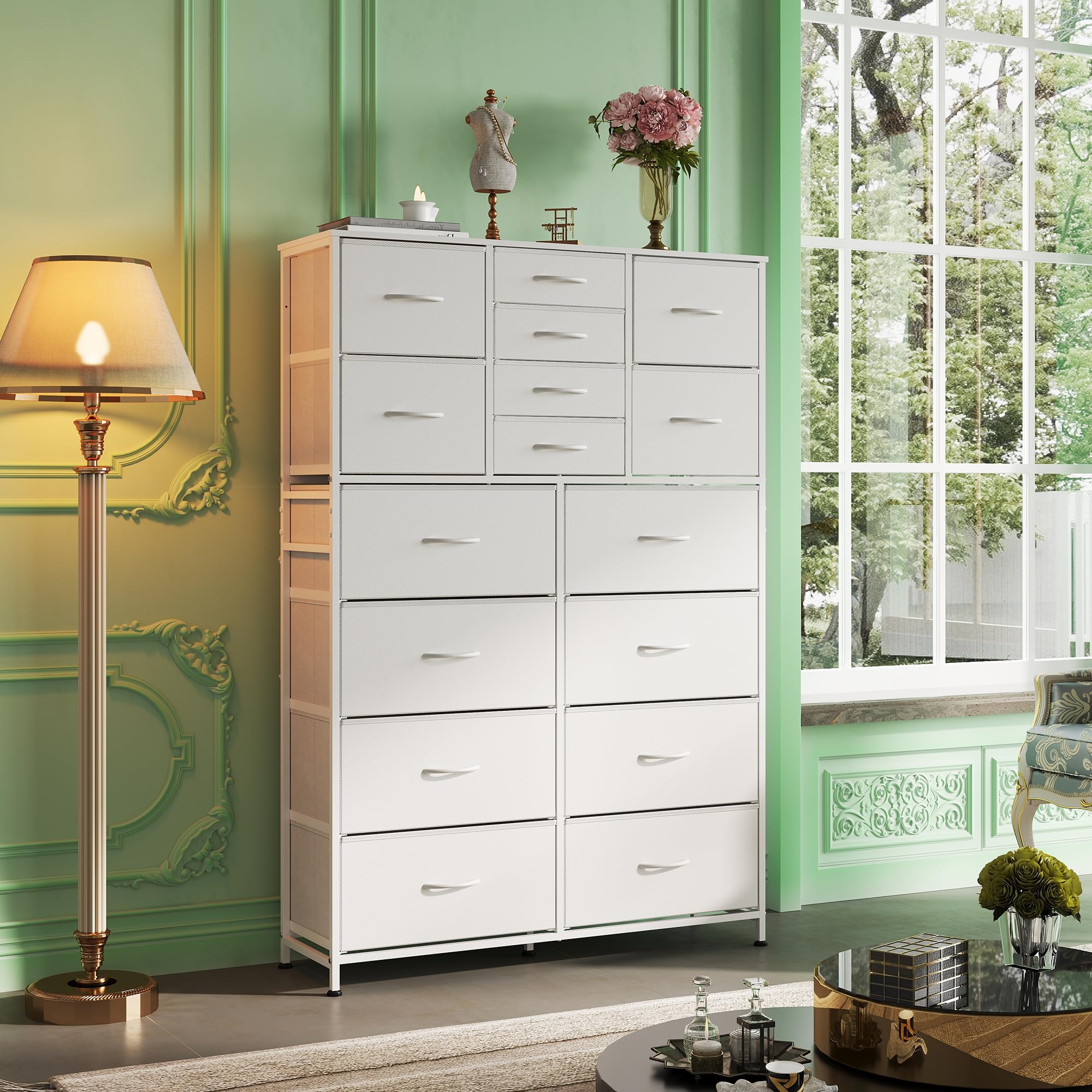 WLIVE 16-Drawer Fabric Dresser Storage Tower - Tall Chest of Drawers Organizer for Bedroom, Closet & Hallway | Sturdy Steel Frame White Storage Cabinet | Perfect for Clothes, Toys & Home Organization