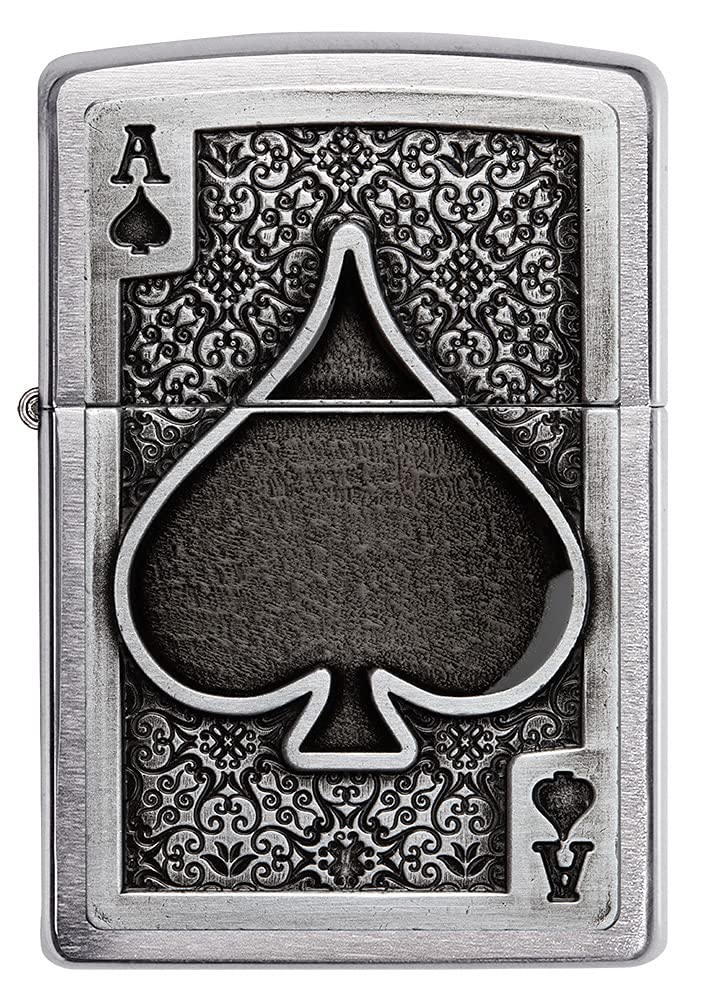 Zippo Ace of Spades Emblem Brushed Chrome Windproof Pocket Lighter - Perfect for Camping, Hiking & Outdoor Adventures