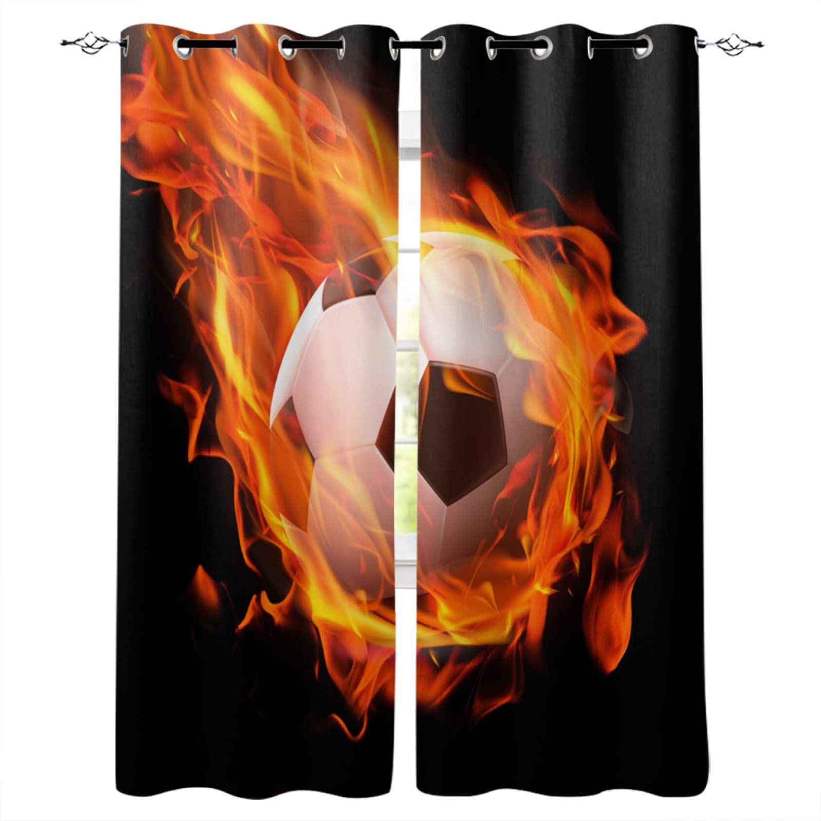 3D Printed Flame Football Blackout Window Curtains - Red Flame Design on Black Background, 2 Panels with Top Grommets (42