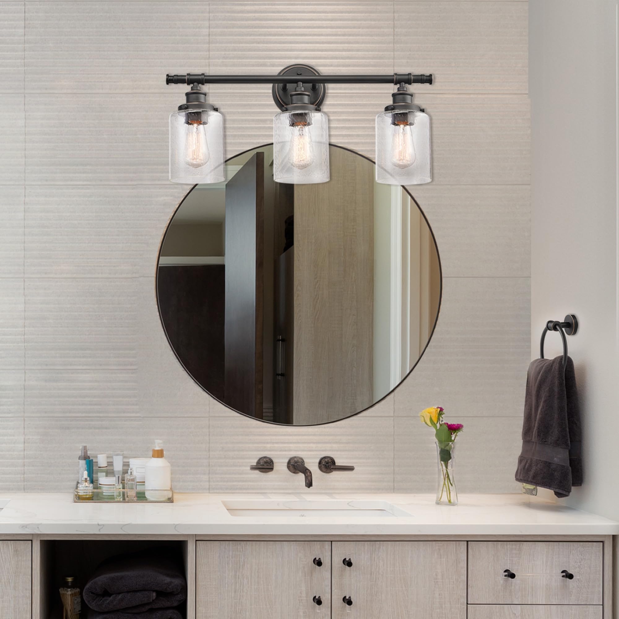 Globe Electric 51415 Camden 5-Piece Bathroom Set - 3 Vanity Lights with Seeded Glass Shades, Towel Bar, Ring, Robe Hook & Toilet Paper Holder in Bronze Finish | Perfect for Modern Bathroom Decor & Vanity Lighting