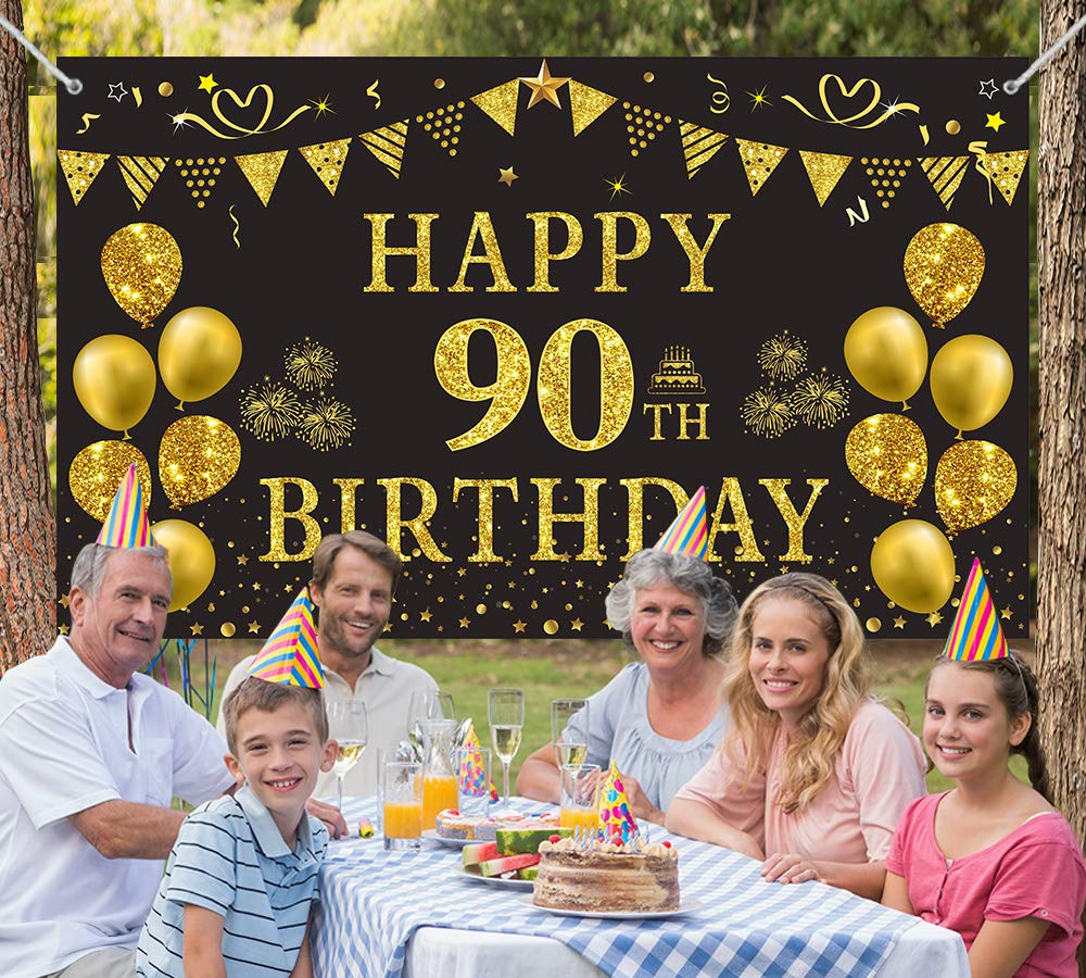 Trgowaul 90th Birthday Backdrop - 5.9x3.6ft Gold & Black Photography Background for Women & Men - Perfect for Birthday Party Decorations, Photo Booths & Anniversary Celebrations