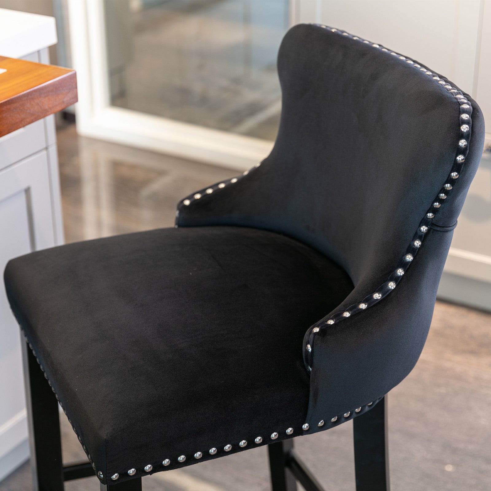 Modern Velvet Upholstered Wingback Bar Stools with Button Tufting & Wooden Legs - Set of 4 Black Bar Chairs with Chrome Nailhead Trim for Kitchen Island, Home Bar & Dining Room Decor - SW1824BK