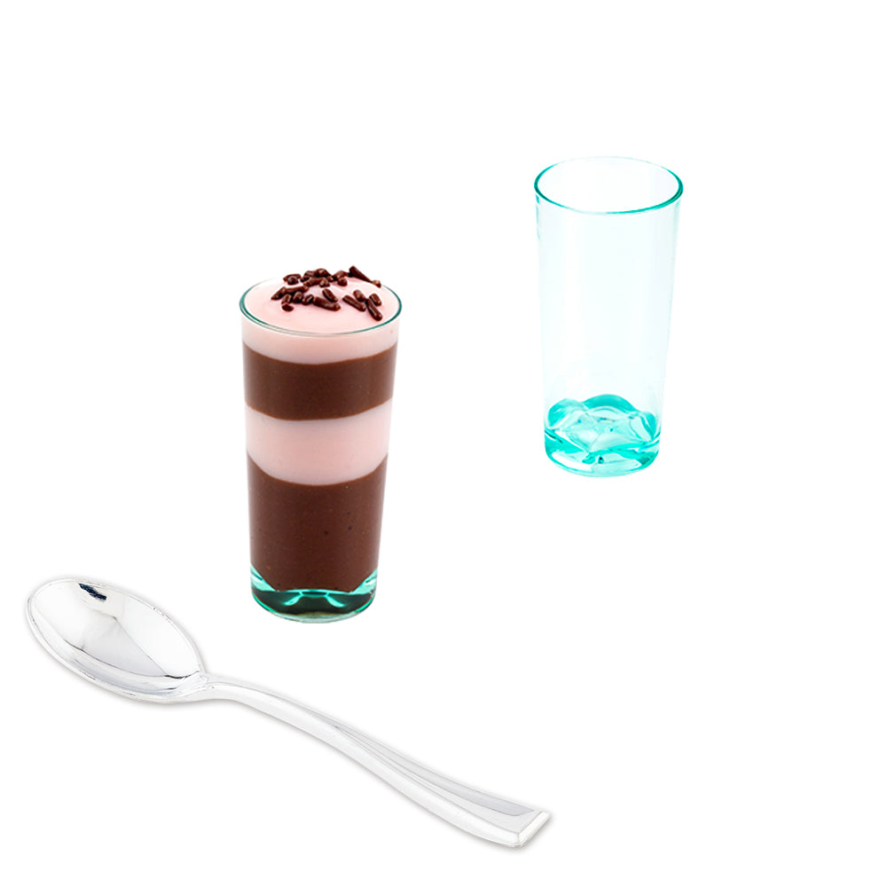100-Pack 2 oz Seagreen Plastic Shot Glasses with 100 Silver Mini Plastic Spoons - Perfect for Parties, Bars, and Cocktail Serving