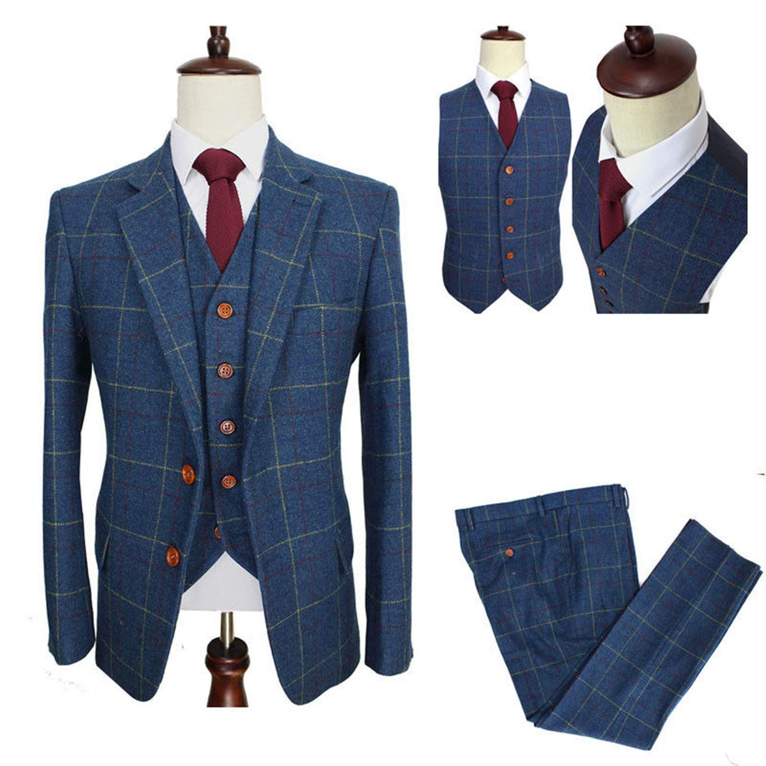 Men's Wool Blend Tweed Slim Fit Check Plaid Dress Pants - Formal & Business Casual Suit Separates for Office, Wedding & Special Occasions