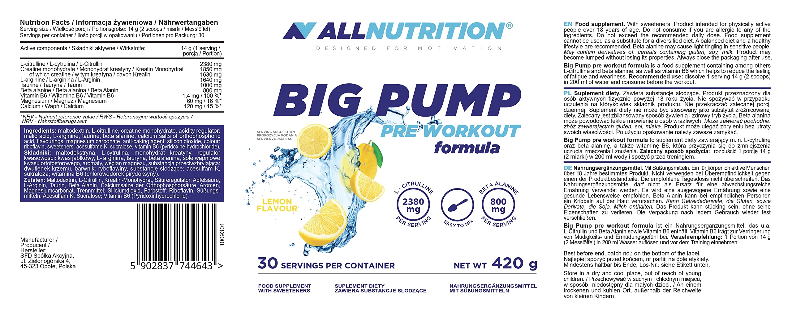 Allnutrition Big Pump Lemon Pre-Workout Powder 420g - Boost Energy & Endurance for Intense Gym Sessions