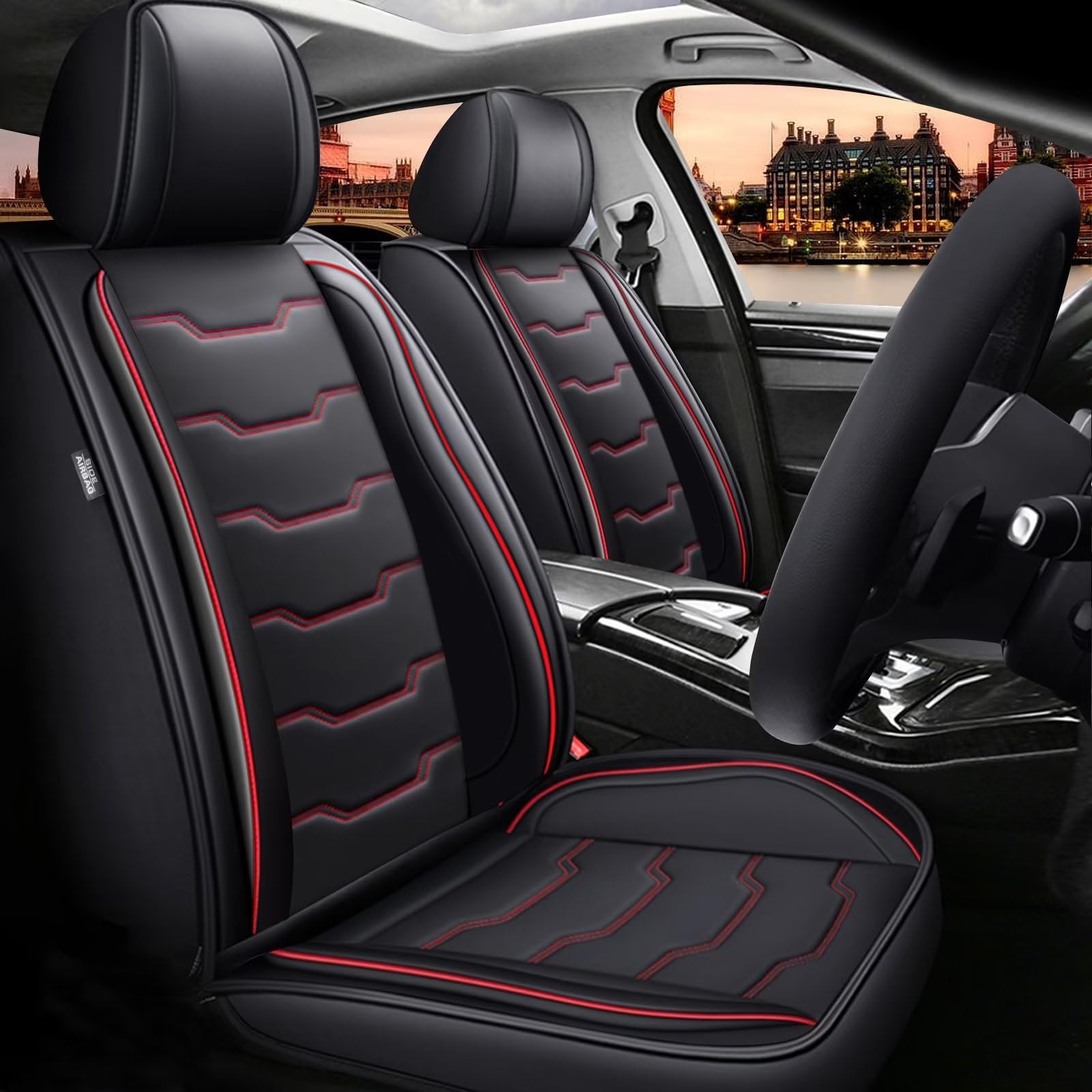 Premium Waterproof Faux Leather Car Seat Covers for Subaru Forester 2007-2025 - Full Set 5-Seat Protection with Red Stitching | Airbag Compatible | Durable Automotive Interior Accessories for Road Trips, Commuting & Family Travel