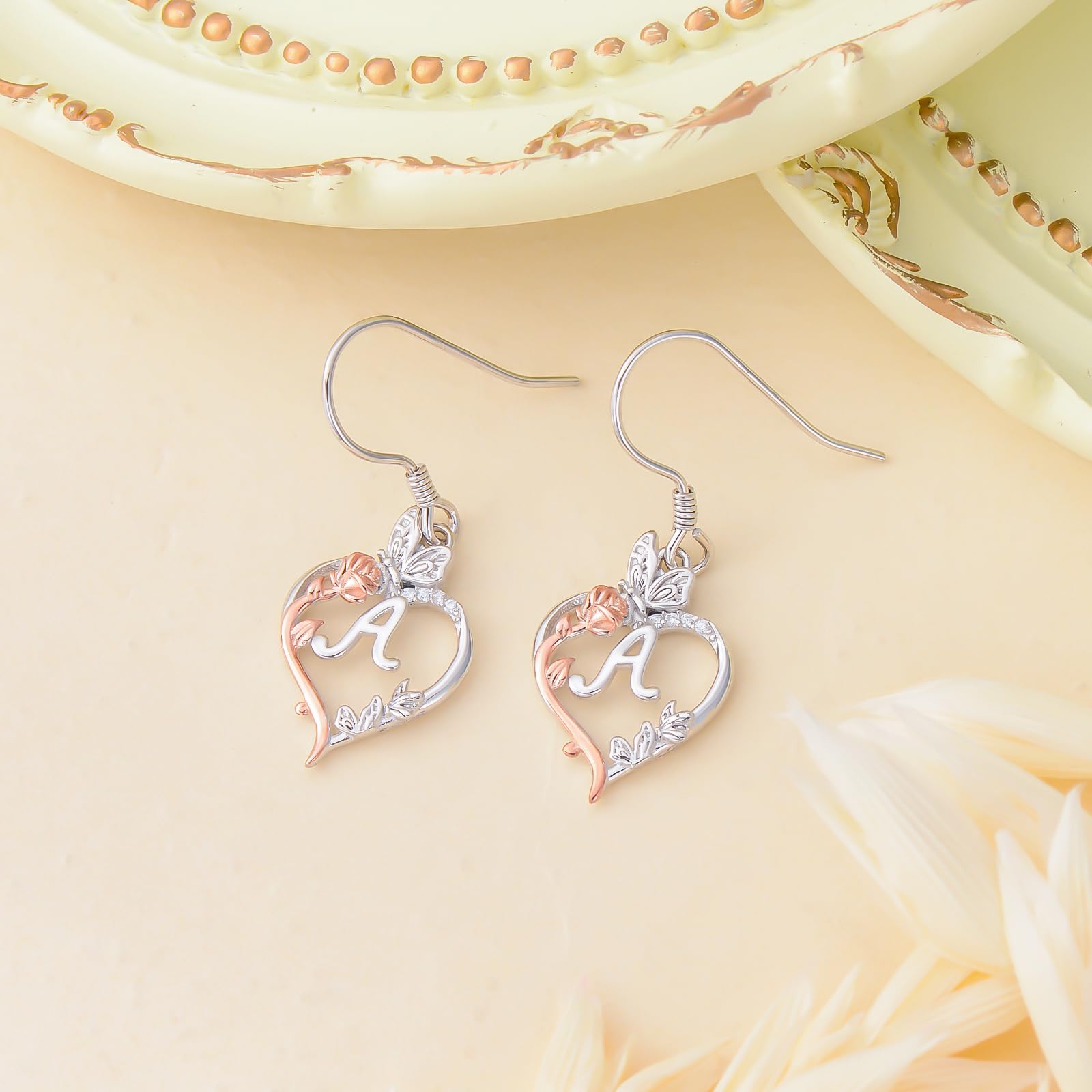 TOUPOP Sterling Silver Rose Heart Initial Earrings with Butterfly Charm - Personalized Birthday Jewelry Gifts for Women, Her, Girlfriend - Perfect for Valentine's Day, Anniversary & Special Occasions
