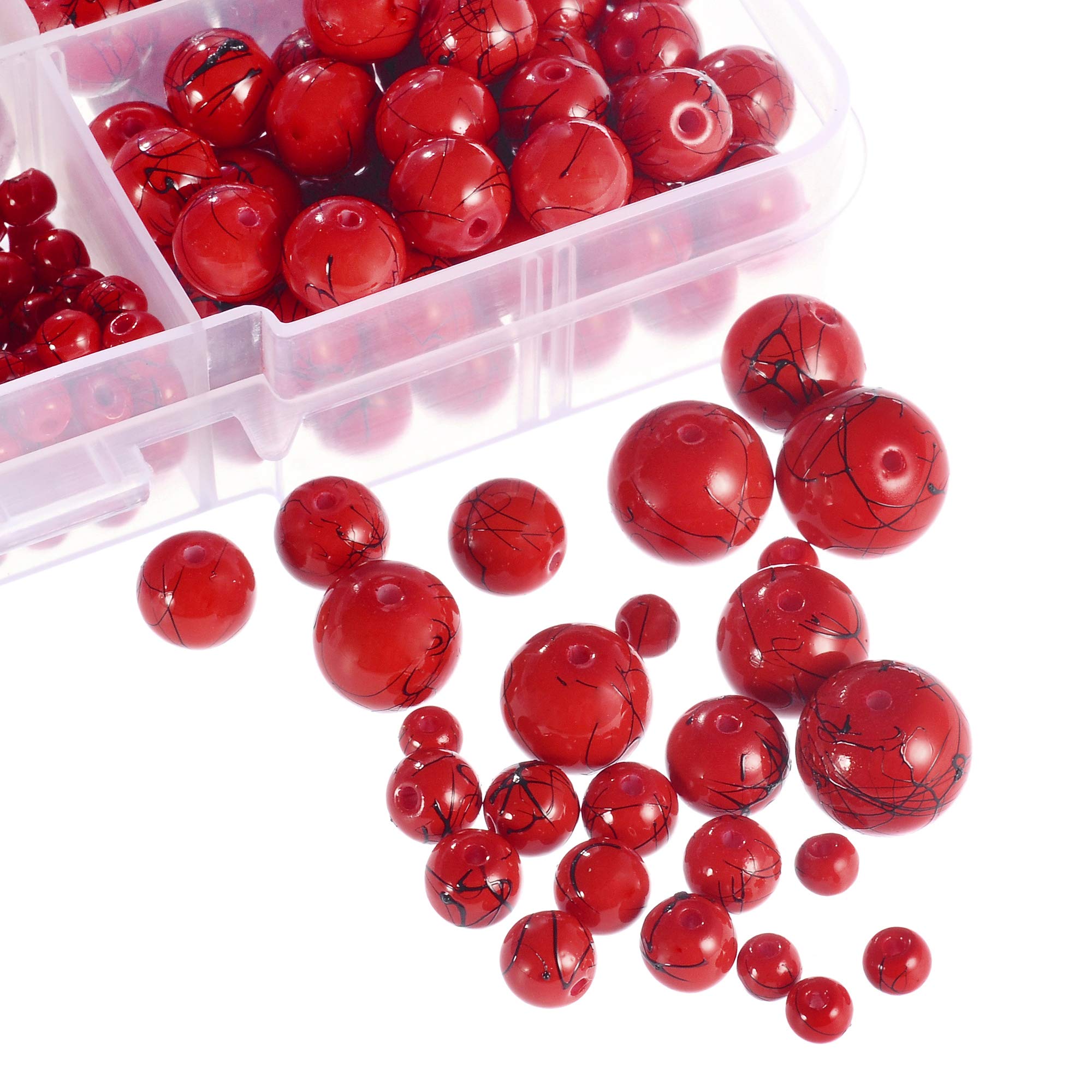 300pcs Mixed Size Glass Beads for DIY Jewelry Making - Opaque Red & Black Paint Splatter Design - Perfect for Bracelets, Necklaces, Earrings & Craft Projects