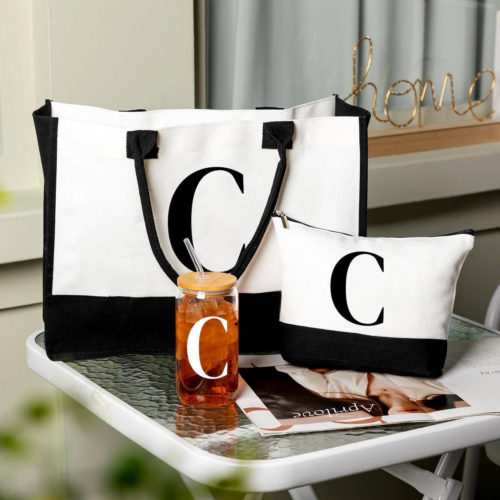 Personalized Monogram Canvas Tote Bag & Glass Coffee Cup Set - Custom Initial Gifts for Women, Bridesmaids, Birthday with Zipper Makeup Pouch - Perfect for Work, Travel, Coffee Dates & Special Occasions
