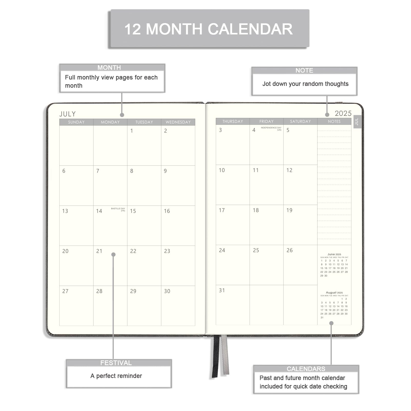 2025-2026 Academic Planner - A5 Weekly & Monthly Diary from July 2025 to June 2026 | 14.6 x 21 cm Grey Organizer with Pen Holder, Inner Pocket & 40 Notes Pages | Perfect for Students, Professionals & Office Use