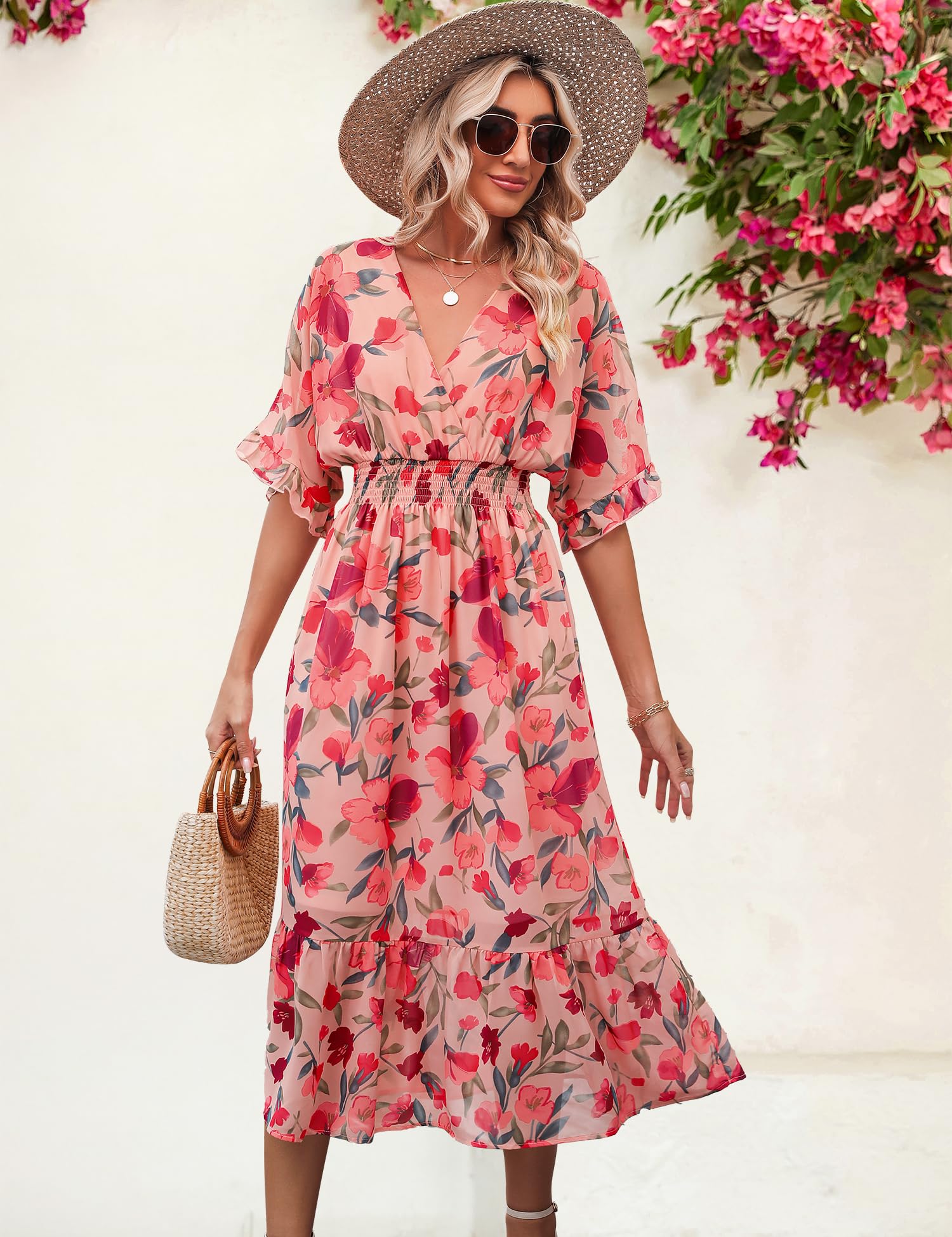 2025 Women's Floral Midi Dress - A-Line Chiffon Boho Casual Short Sleeve Beach Dress for Spring & Summer | Perfect for Vacations, Weddings & Outdoor Parties