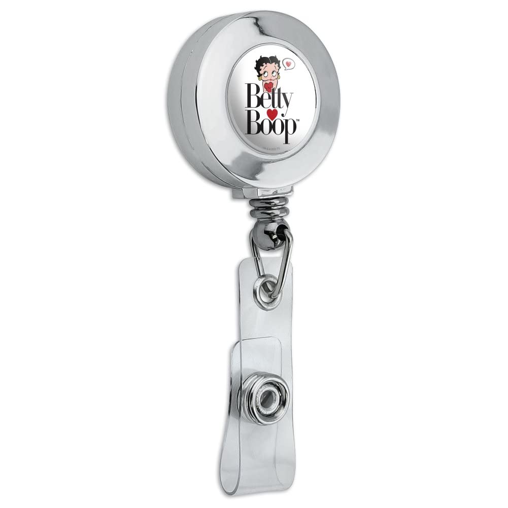 Betty Boop Heart Logo Retractable ID Badge Holder - Chrome Metal Reel Clip for Work Security, Nursing, School & Office Use