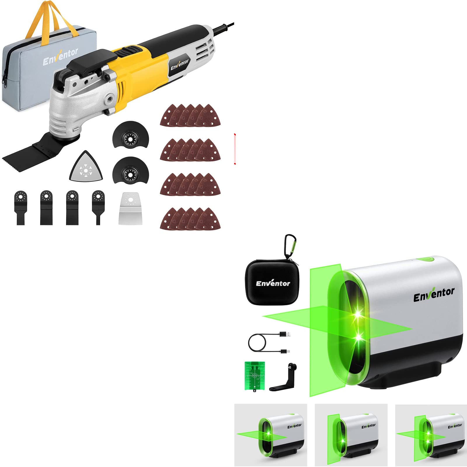 ENVENTOR 2.5-Amp Oscillating Multi-Tool Kit with 164Ft Self-Leveling Laser Level - Perfect for DIY Projects, Home Renovations & Professional Construction Work