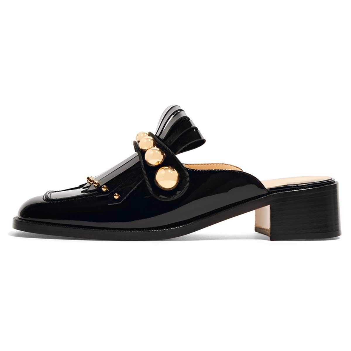 XYD Women's Fashion Studded Low Heel Mules - Chunky Square Toe Backless Sandals with Tassels | Perfect for Casual Outfits, Summer Dresses & Beach Vacations