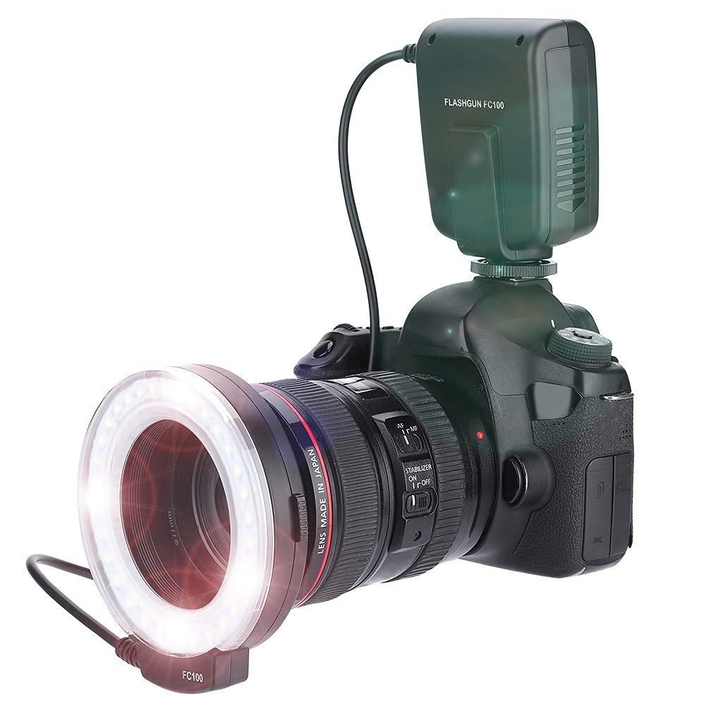 FC-100 Portable LED Macro Ring Flash 5500K Adjustable Brightness Speedlite with 8 Adapters - Camera Fill Light Kit for Canon & Nikon DSLR - Perfect for Macro Photography, Product Shooting & Video Lighting