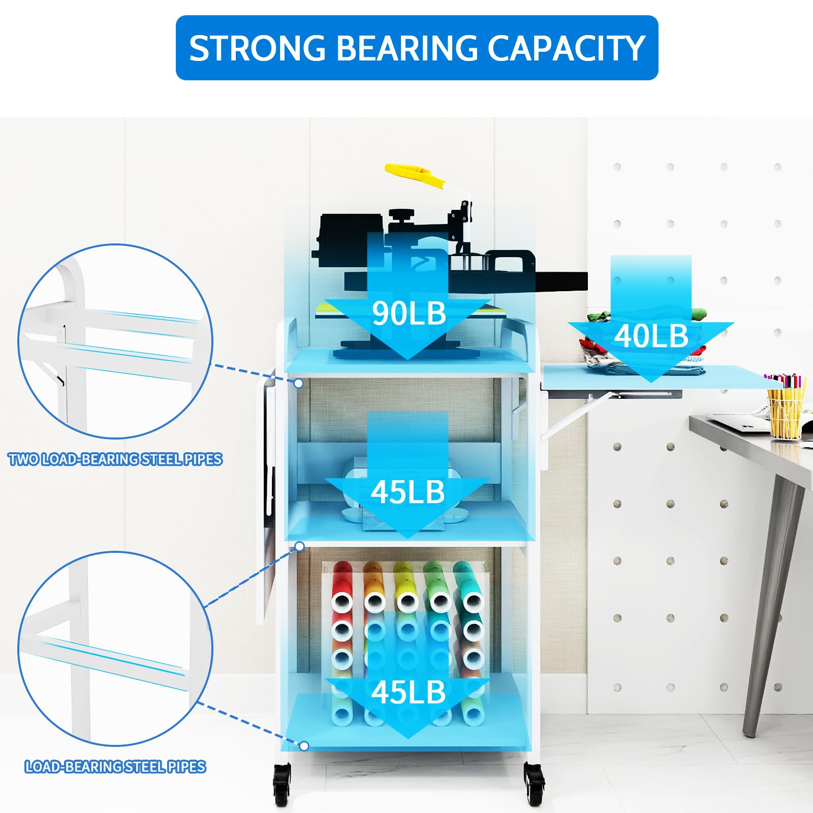 PUNCIA 3-Tier Heavy Duty Rolling Heat Press Table - Foldable Heat Transfer Machine Stand with Metal Shelf Storage for DIY Sublimation & T-Shirt Printing | Perfect for Craft Rooms, Garment Shops & Home Workspaces