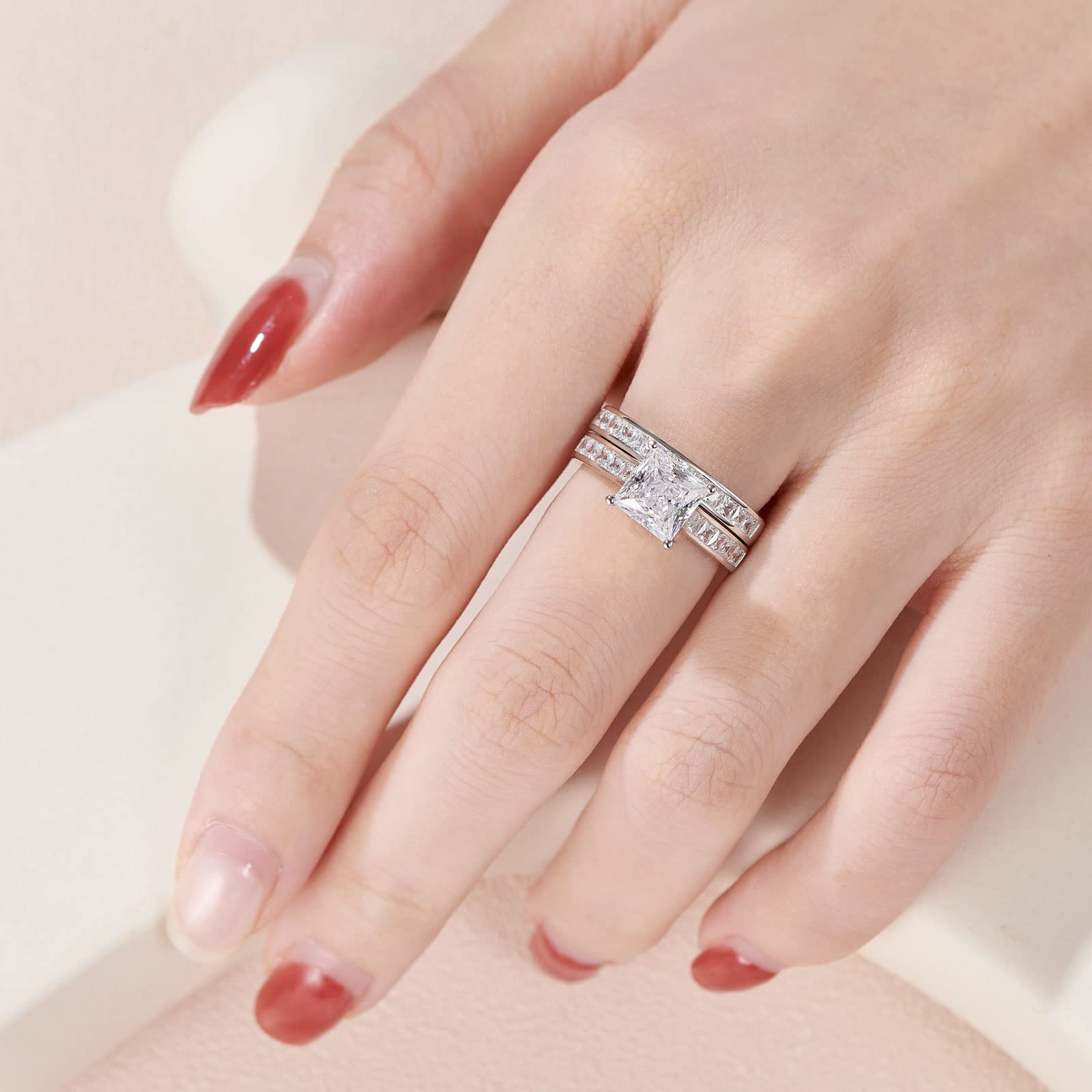 SHELOVES Princess Cut Cubic Zirconia Wedding Ring Set - Sterling Silver Engagement & Bridal Rings for Women (Size 4.5-13) - Perfect for Proposals, Anniversaries & Special Occasions