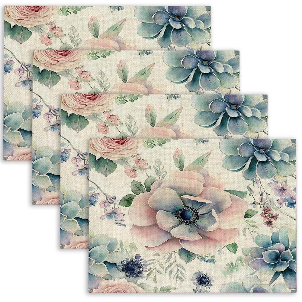 Blue Flower Placemats Set of 4 - 18x12 Inch Washable Table Mats for Kitchen Dining, Decor, Parties & Everyday Use