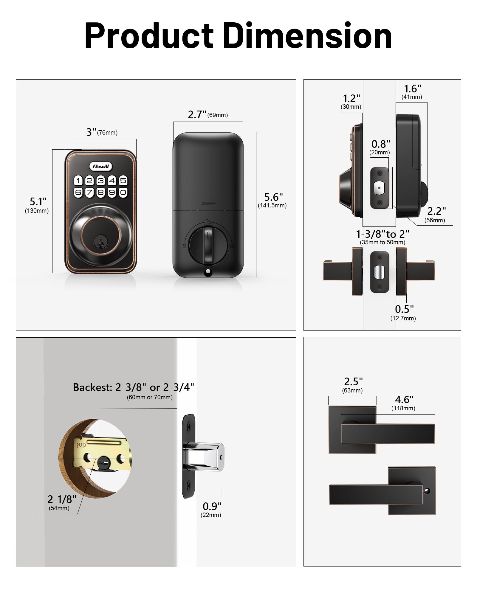 Zowill Smart Keyless Entry Door Lock - Electronic Keypad Deadbolt with Auto-Locking & Anti-Peeping Password, 2 Lever Handles, Oil Rubbed Bronze Finish for Front Door Security - Perfect for Homes, Apartments & Vacation Rentals