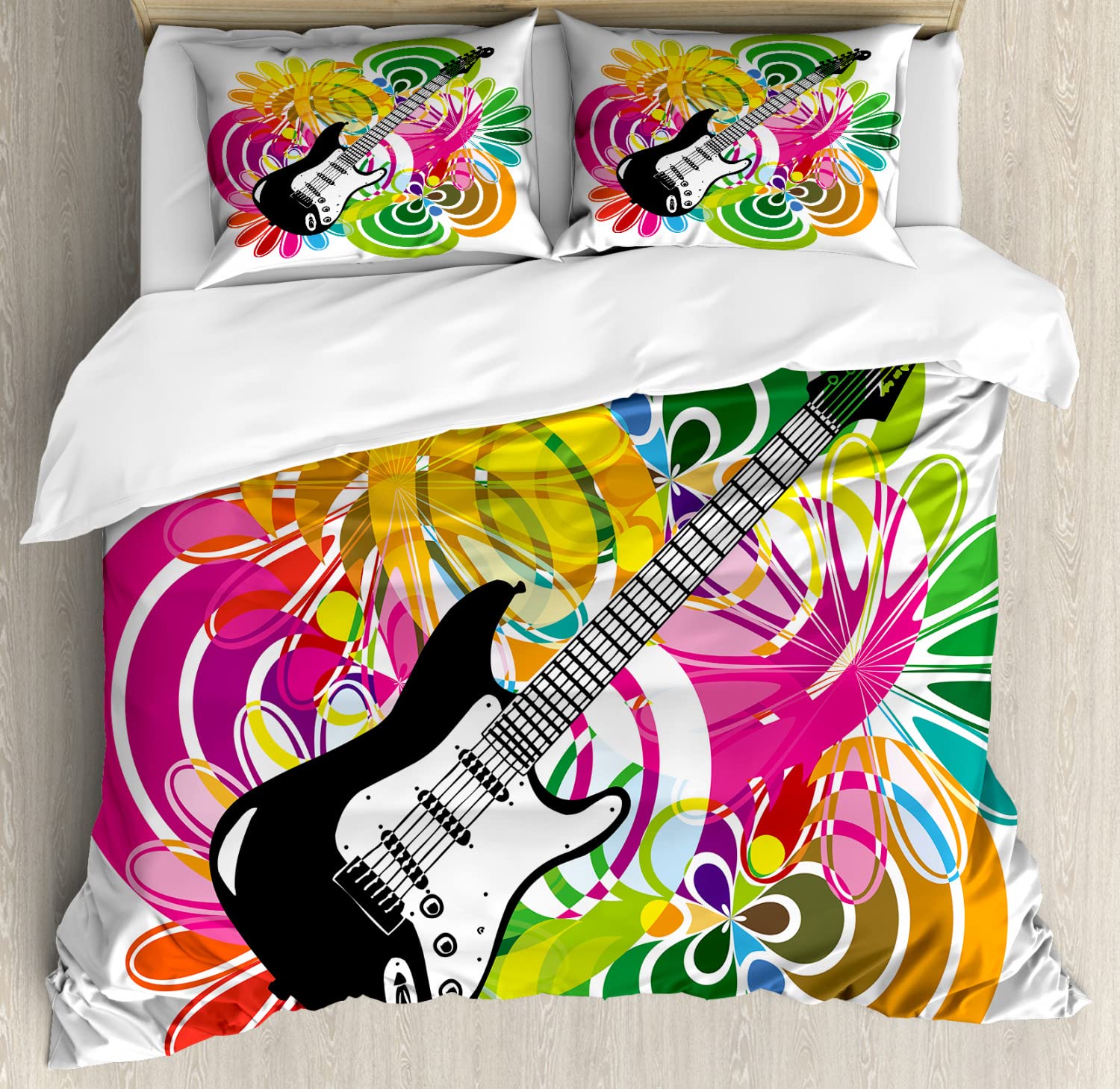Ambesonne Popstar Party Duvet Cover Set - Queen Size 2-Pack with 4 Pillowcases, Vibrant Hawaiian Abstract Leaves & Guitar Design, Multicolor Bedding for Tropical Themed Bedrooms & Music Lovers
