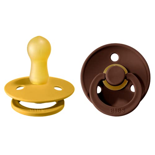 BIBS Colour Baby Pacifier 2-Pack - BPA Free Natural Rubber Latex Soother for Infants 6-18 Months | Mustard & Mocha | Made in Denmark | Perfect for Daycare, Travel & Comfort