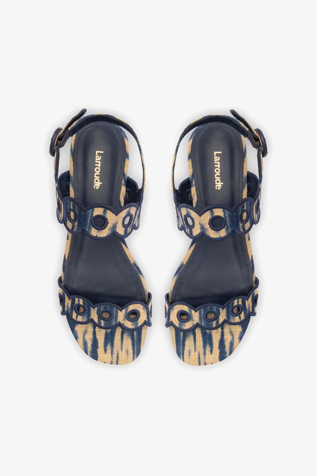 Florence Broderie Flat Sandal Women's Tie Dye Beige and Navy Raffia Sandals - Comfortable Summer Beach Walking Shoes for Vacation & Outdoor Activities