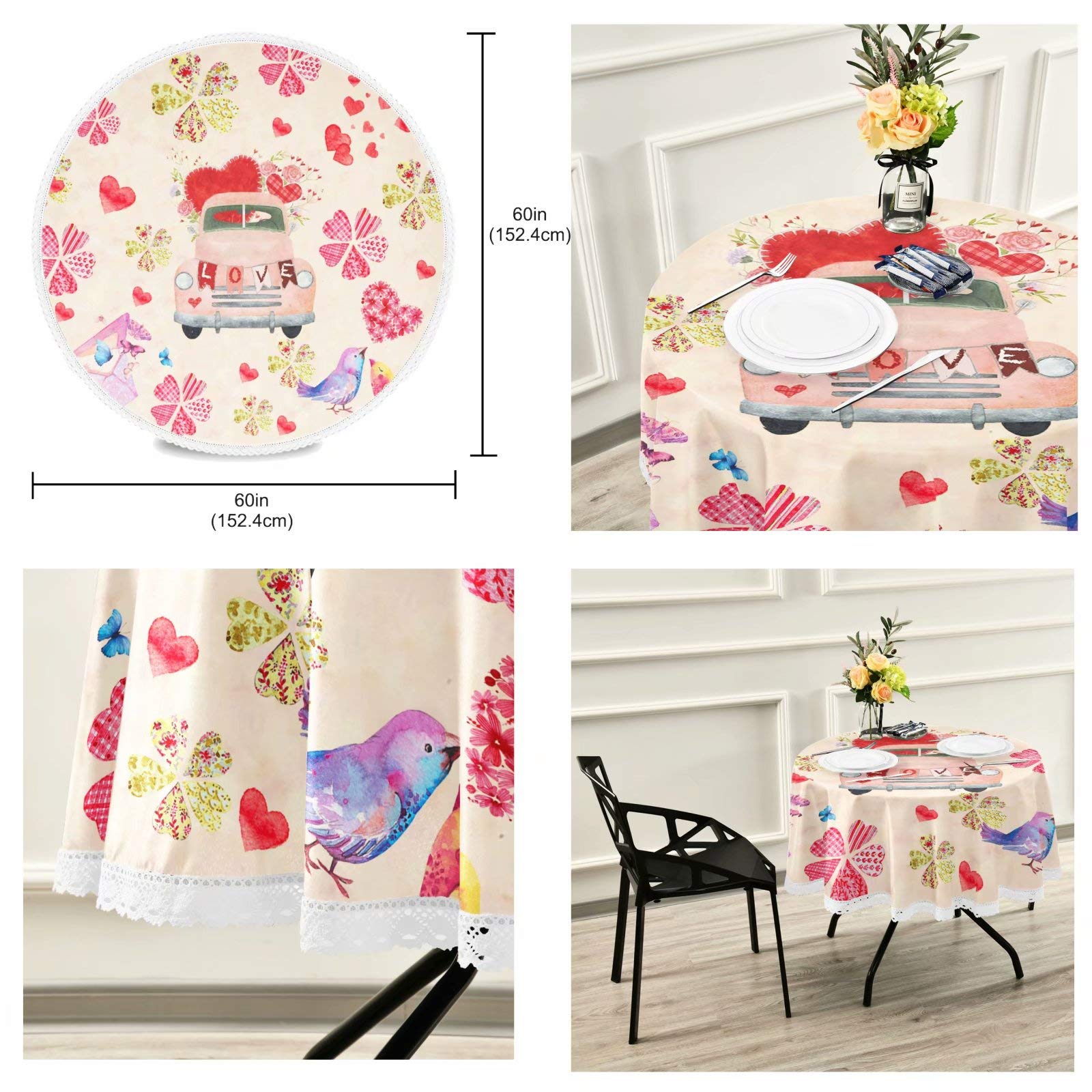 Valentine's Day Heart Round Tablecloth - Pink Floral Truck Design, Washable Polyester Lace Table Cover (60 Inch) for Dining, Holiday Decor, Home Party, Wedding & Picnic - Perfect for Mother's Day, Romantic Dinners & Outdoor Gatherings