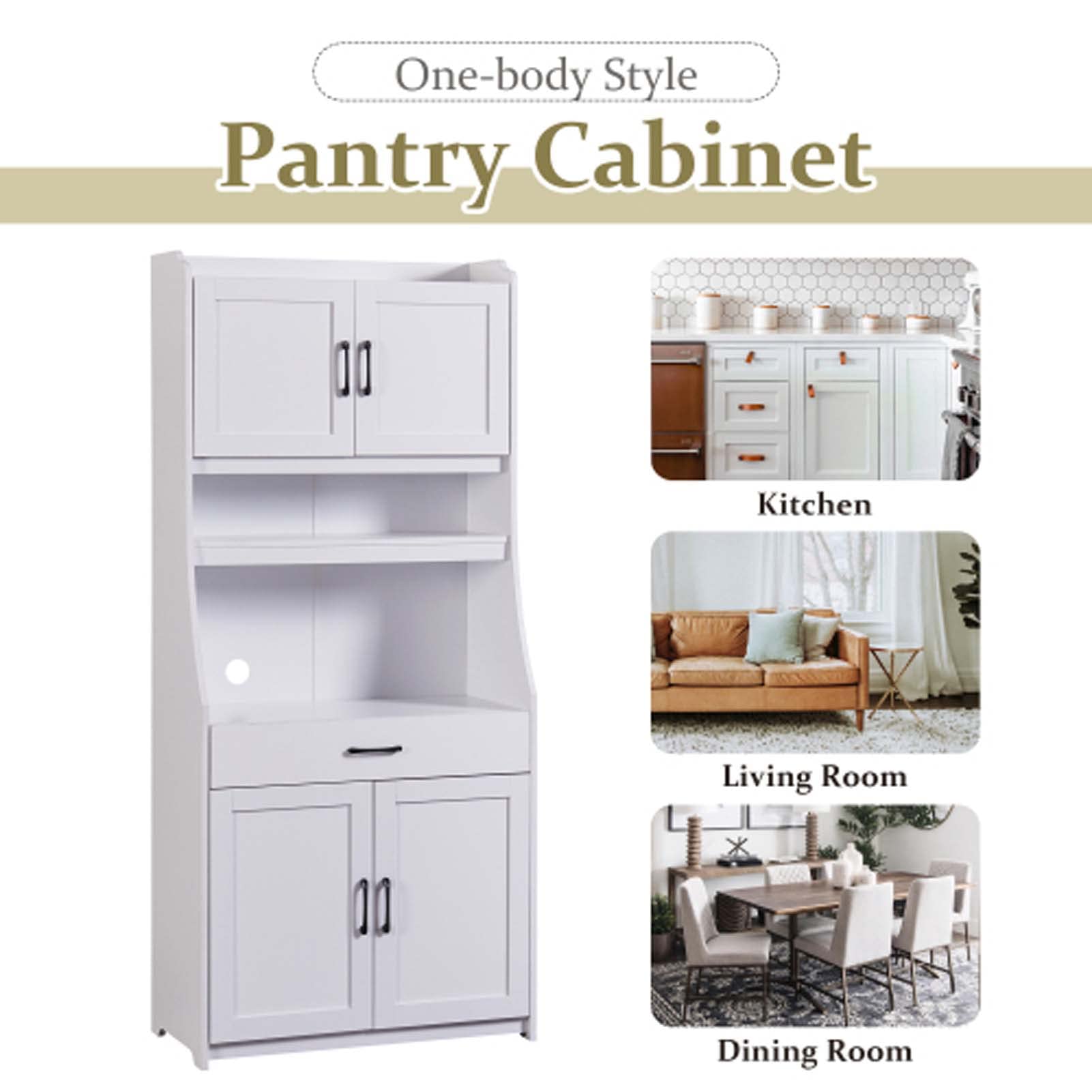 White Kitchen Pantry Storage Cabinet with Adjustable Shelves & Doors - Organize Spices, Dishes & Dry Food - Perfect for Kitchen, Living Room & Dining Room Storage