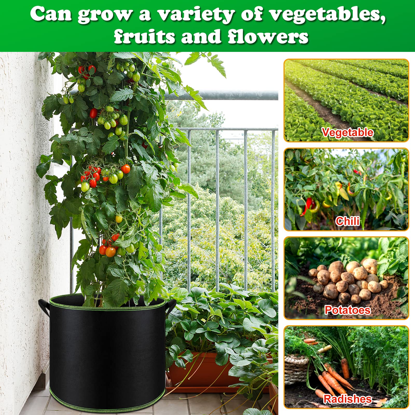 FEPITO 5 Pack 10 Gallon Heavy Duty Aeration Fabric Grow Bags with Handles - Thickened Nonwoven Plant Pots for Vegetables, Fruits, Flowers - Ideal for Indoor/Outdoor Gardening, Balcony Planting & Urban Farming