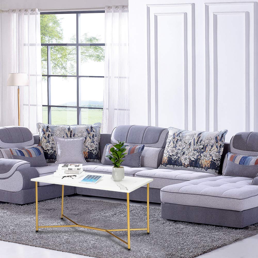 BNSPLY Modern Marble Coffee Table with Gold Metal Legs - Rectangle Living Room Center Table - Elegant Marble Top & Gold Base - Perfect for Home Decor, Lounge, and Office Spaces