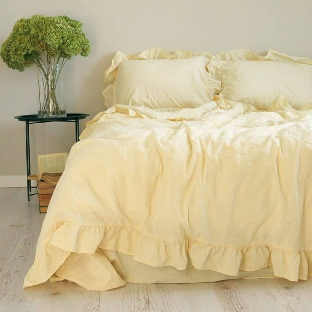 Pastel Yellow Ruffled Duvet Cover Set - Queen, King & Twin Size Custard Yellow Bedding - Soft & Elegant for Master Bedroom, Guest Room & Dorm Decor